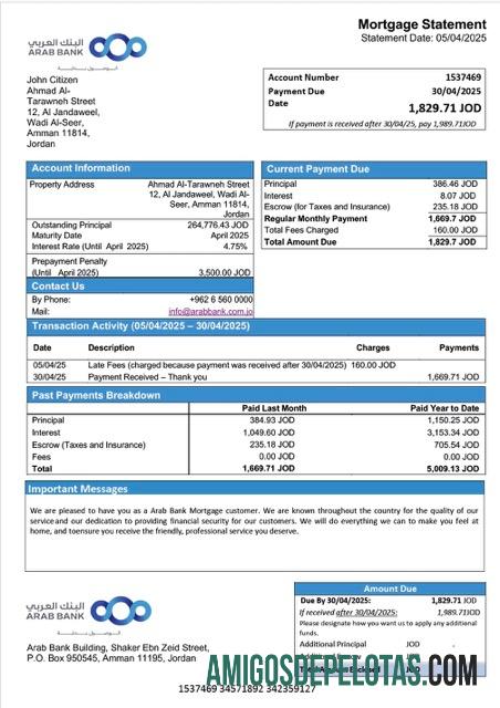 em branco Modelo Word e PDF de extrato de hipoteca do Banco Árabe da Jordânia